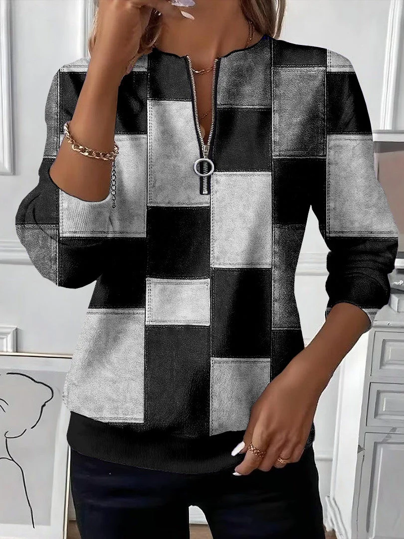 Casual Crew Neck Abstract Plaid Sweatshirt Printing