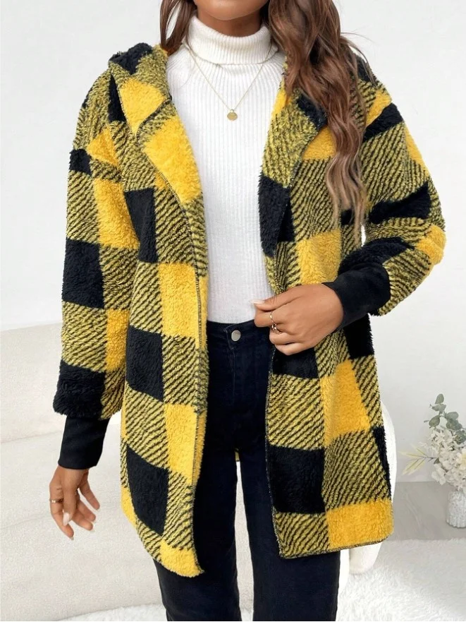 Women Spring/Fall Outerwear Vintage Split Joint Plaid Long Sleeve Hooded Jacket