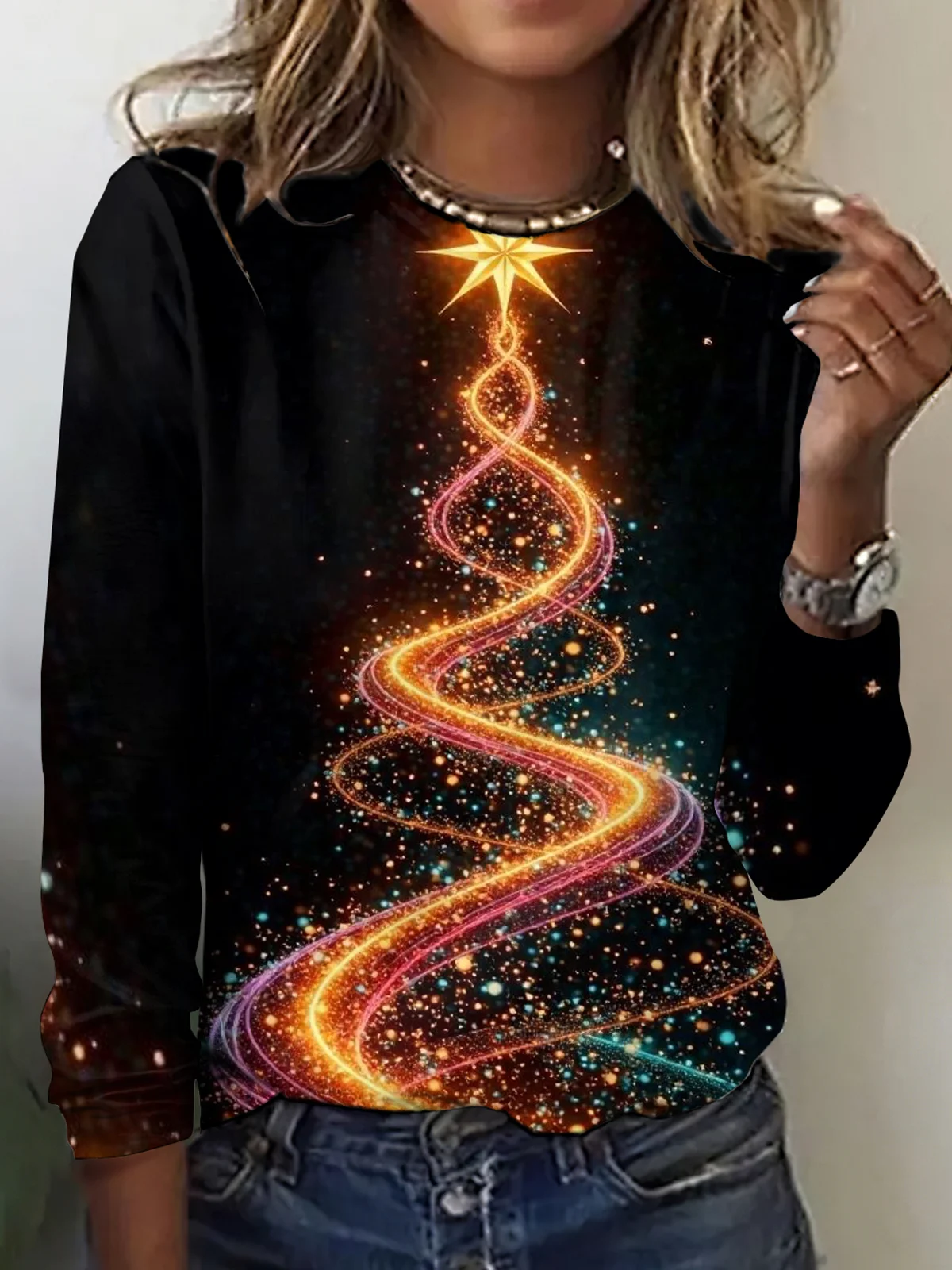 Vintage Christmas Tree Crew Neck Long Sleeve T-shirt