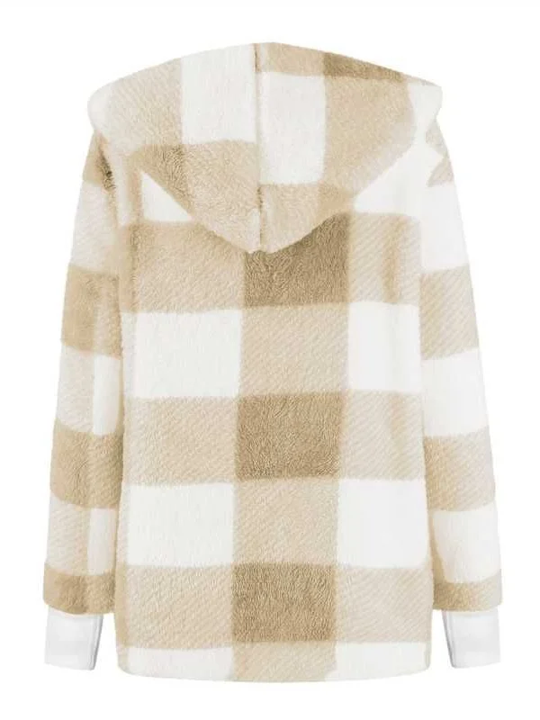 Women Spring/Fall Outerwear Vintage Split Joint Plaid Long Sleeve Hooded Jacket