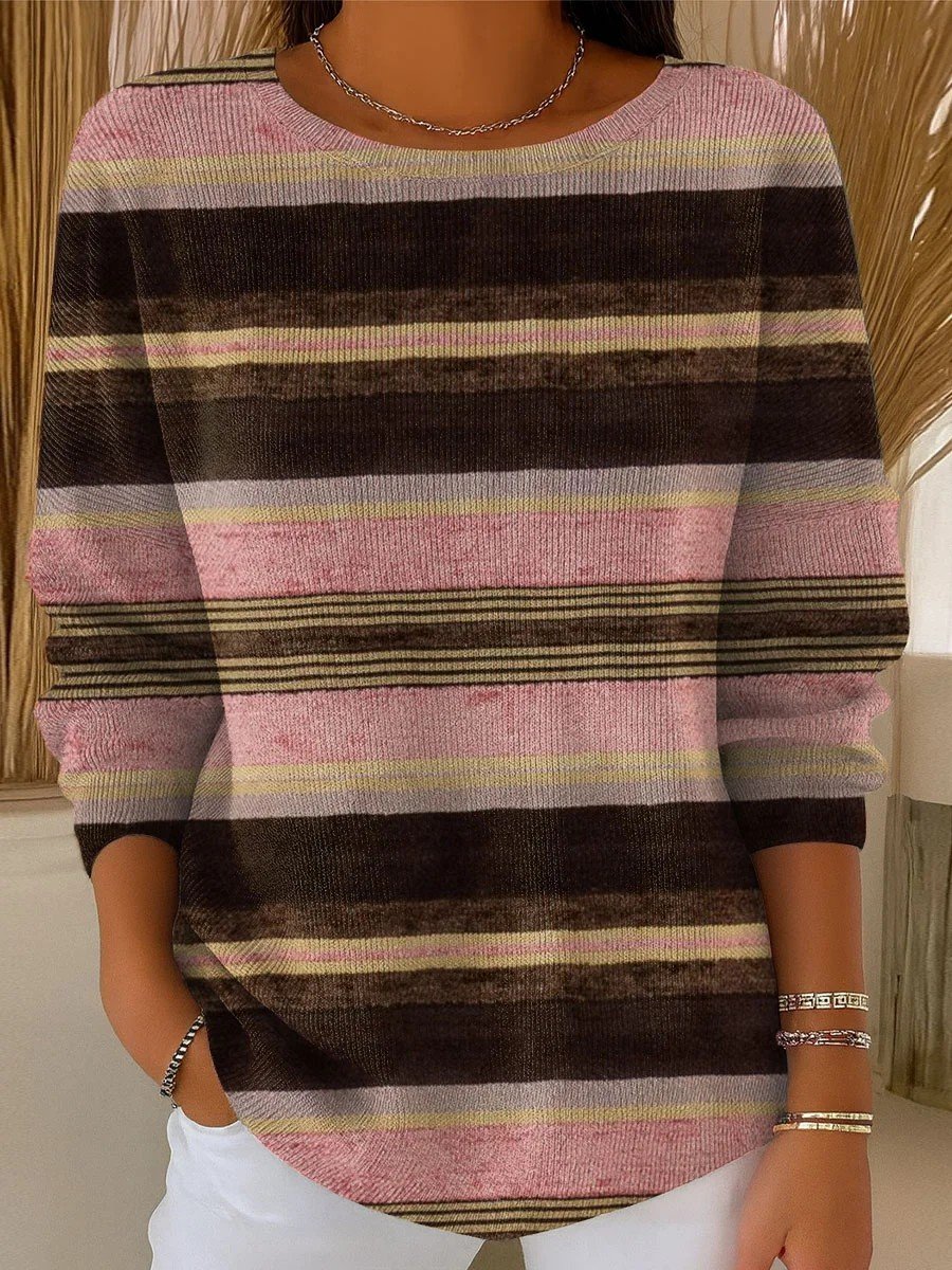 Women Imitation Cashmere Striped Long Sleeve Comfy Vintage Sweater