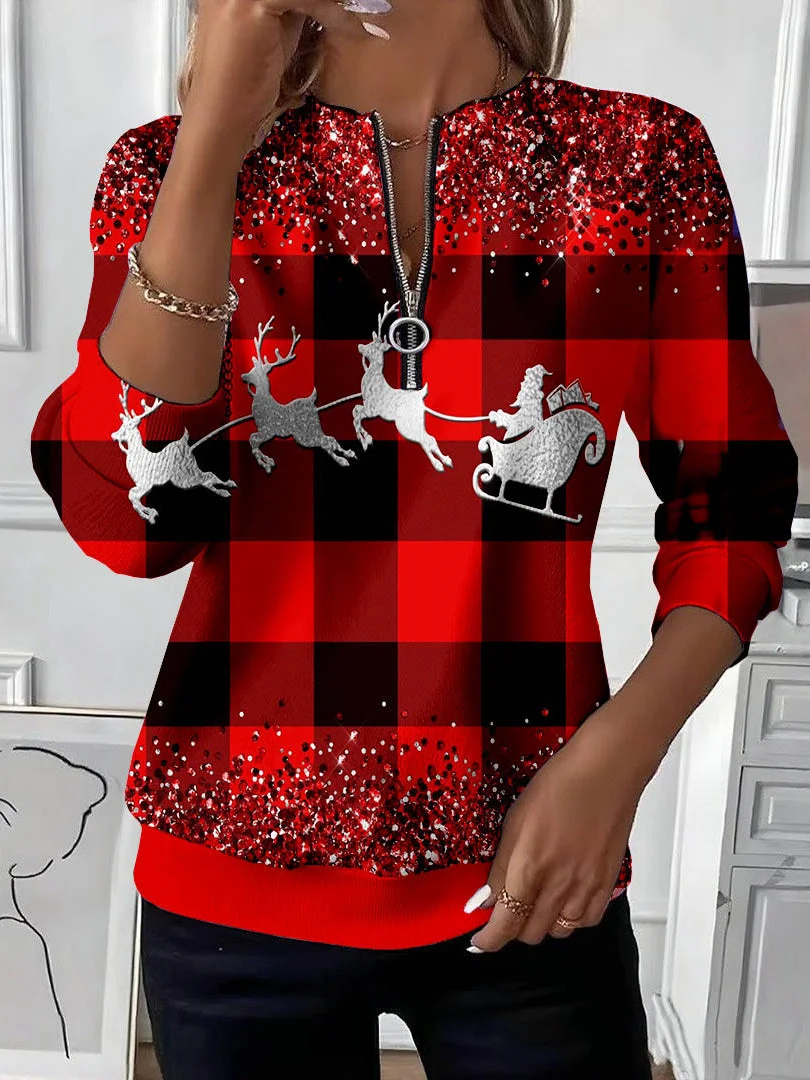 Casual Crew Neck Christmas Plaid Printing Comfy Sweatshirt 