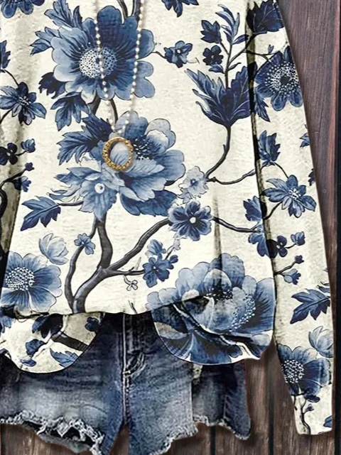 Casual Crew Neck Floral Sweatshirt Printing