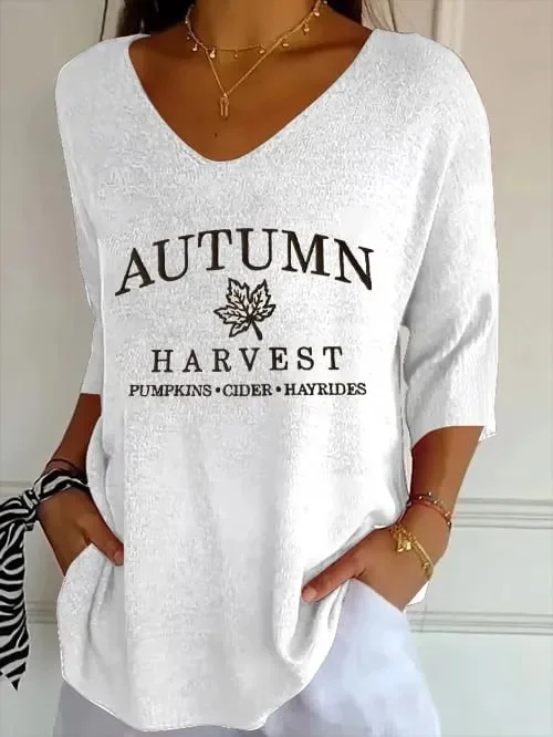 Vintage Letter Pattern V Neck Three Quarter Sleeve T-shirt