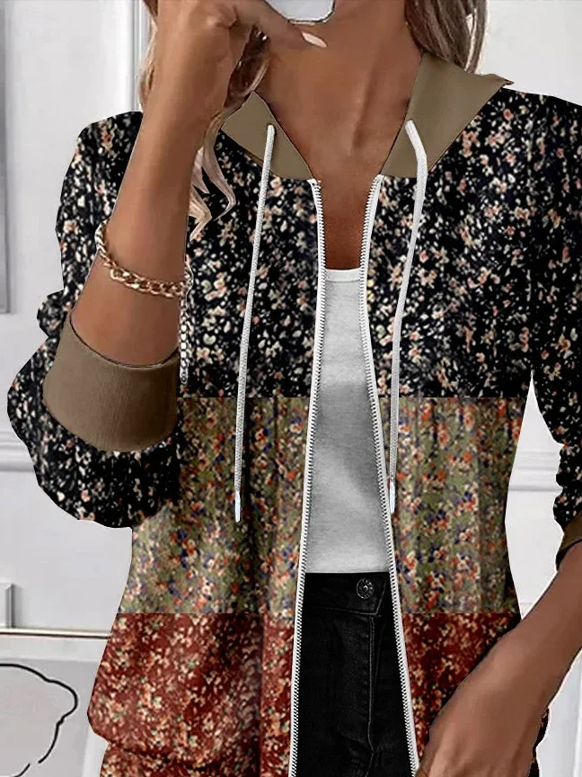Women Spring/Fall Outerwear Casual Printing Floral Long Sleeve Hoodie Jacket