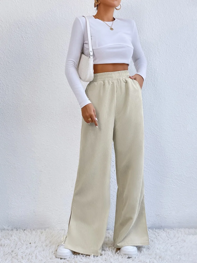 Women Plain Long Elastic Waist Pants Casual Spring/Fall Trousers
