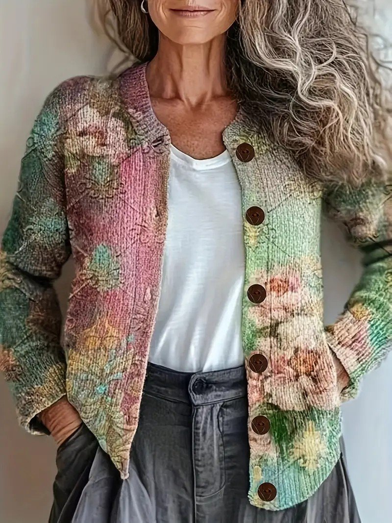 Women Knitted Gradient Pattern Long Sleeve Comfy Vintage Cardigan