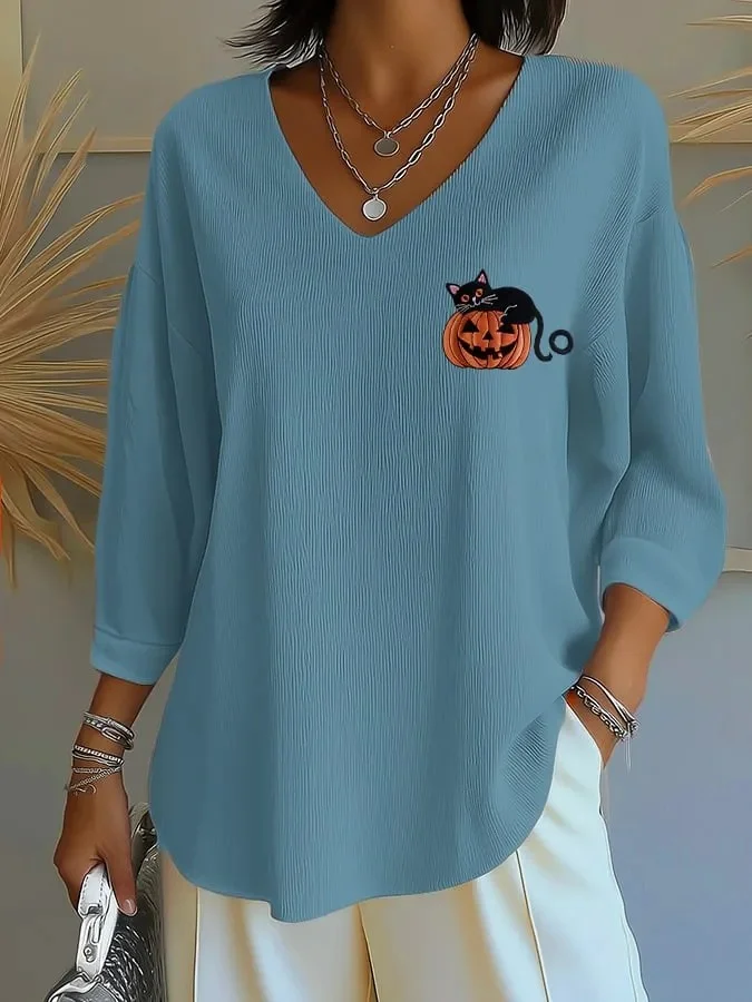 Vintage Halloween (pumpkin) V Neck Three Quarter Sleeve T-shirt