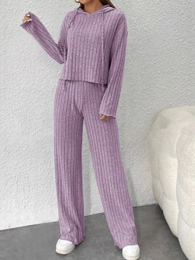 Women Plain Embossed Two-Piece Set Daily Long Sleeve Casual Spring/Fall Top With Pants Matching Set