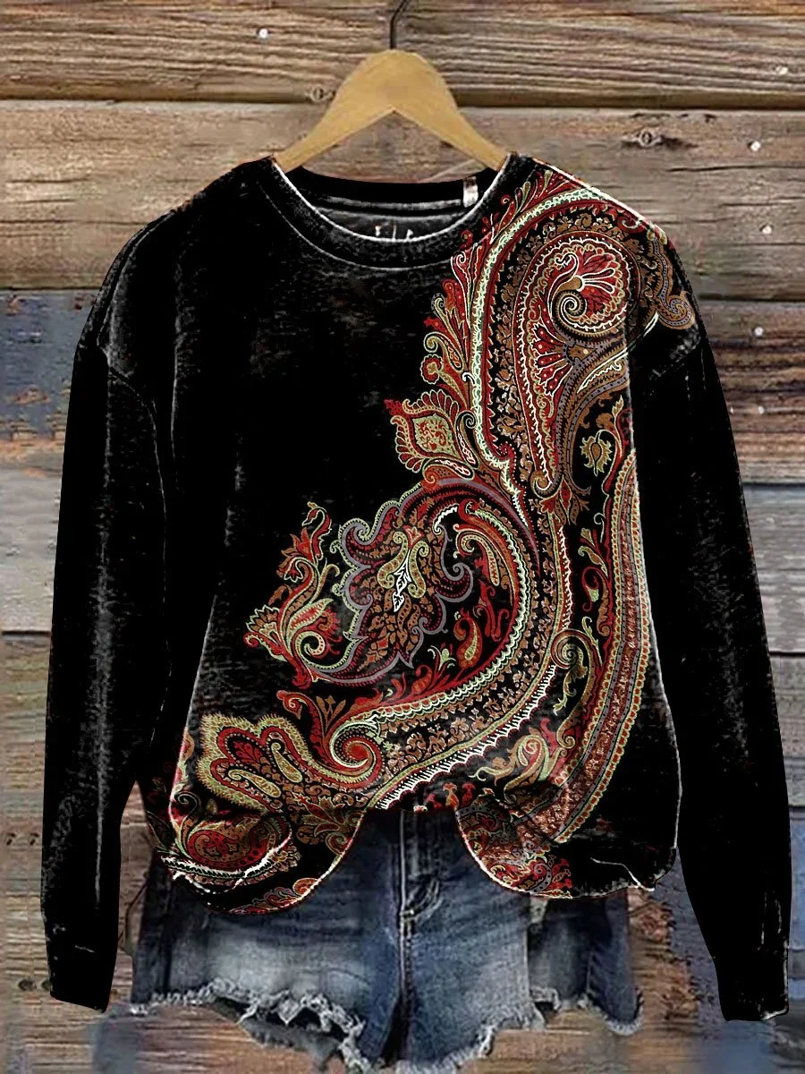 Casual Crew Neck Ethnic Sweatshirt Printing