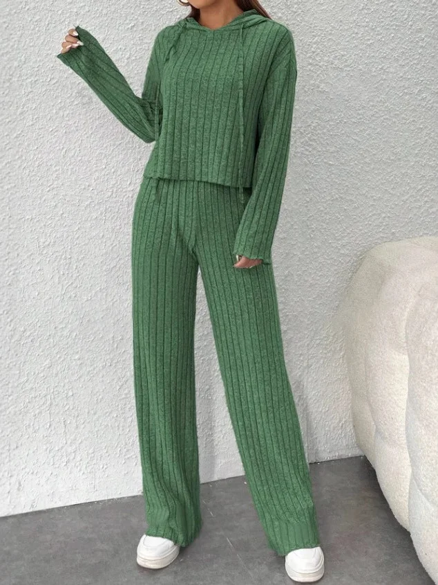 Women Plain Embossed Two-Piece Set Daily Long Sleeve Casual Spring/Fall Top With Pants Matching Set