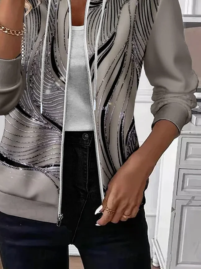 Women Spring/Fall Outerwear Casual Printing Abstract Long Sleeve Hoodie Jacket