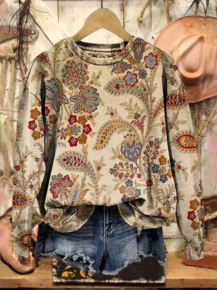 Casual Crew Neck Floral Sweatshirt Printing