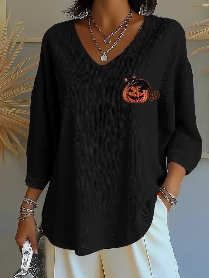 Vintage Halloween (pumpkin) V Neck Three Quarter Sleeve T-shirt