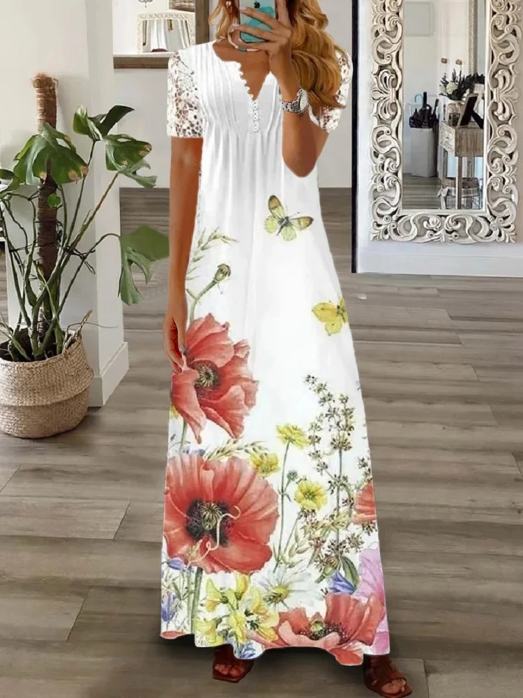Women Floral Spring/Fall Printing Dress V Neck Long Sleeve T-Shirt Dress A-Line Dress