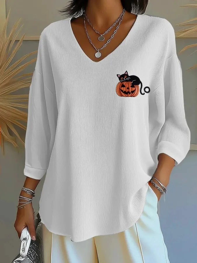 Vintage Halloween (pumpkin) V Neck Three Quarter Sleeve T-shirt