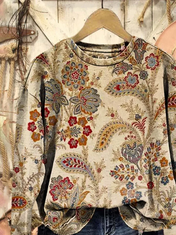 Casual Crew Neck Floral Sweatshirt Printing