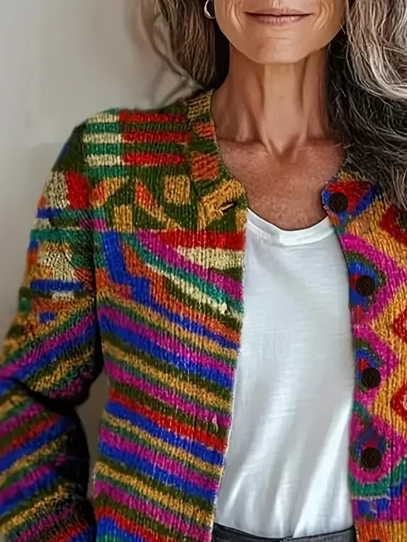 Women Abstract Long Sleeve Comfy Vintage Printing Cardigan