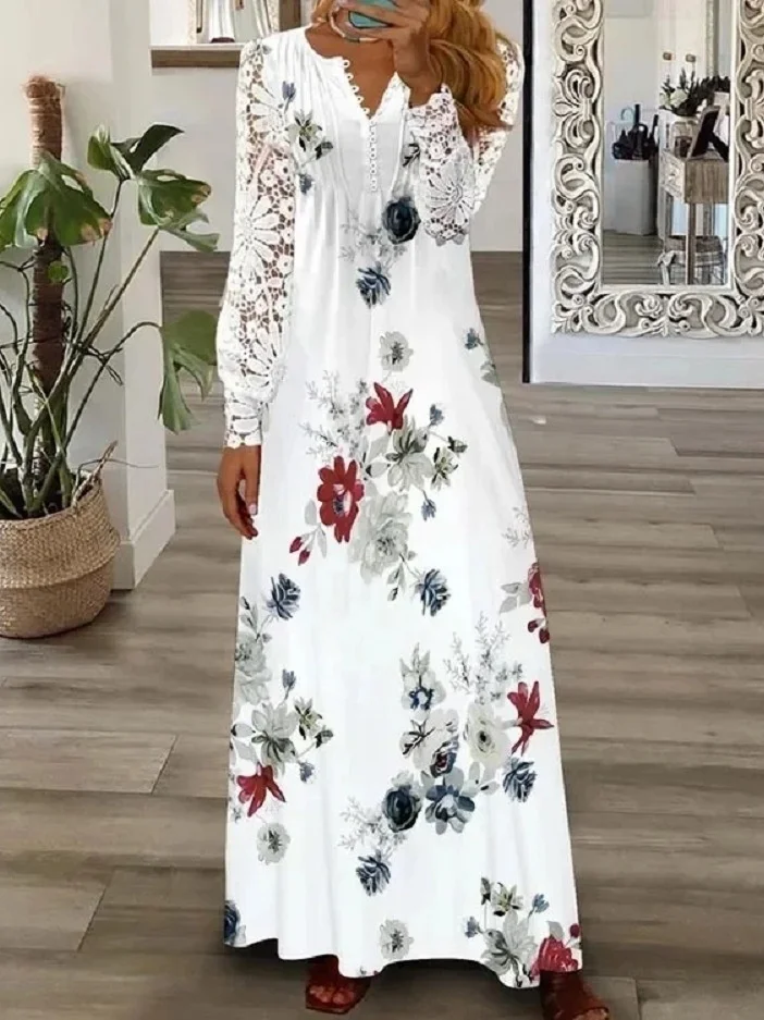 Women Floral Spring/Fall Printing Dress V Neck Long Sleeve T-Shirt Dress A-Line Dress