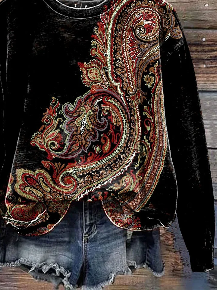 Casual Crew Neck Ethnic Sweatshirt Printing