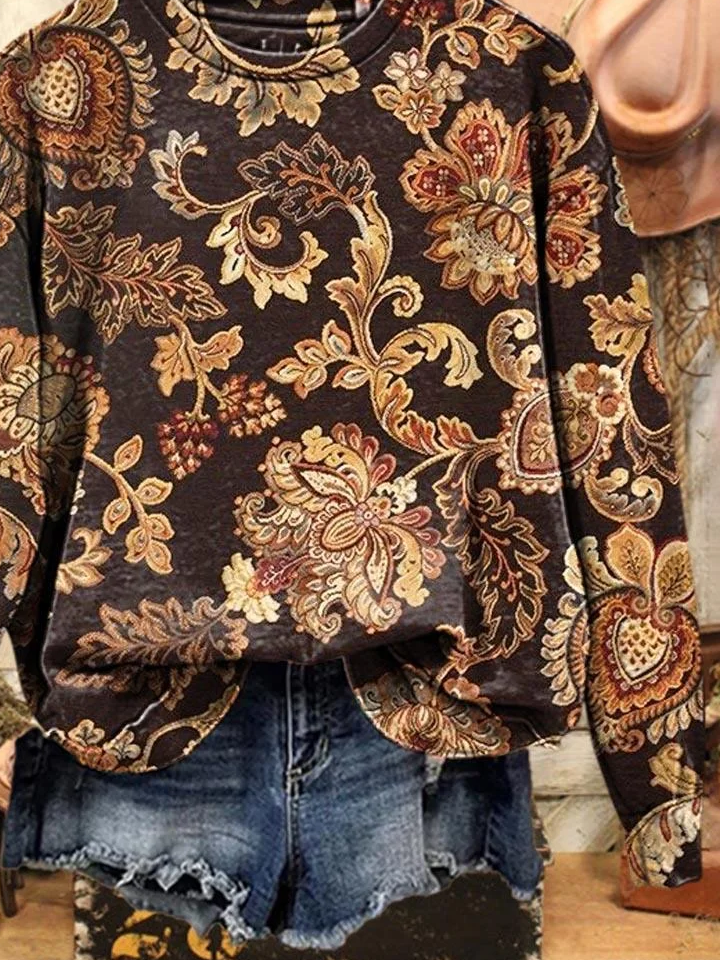 Casual Crew Neck Floral Sweatshirt Printing