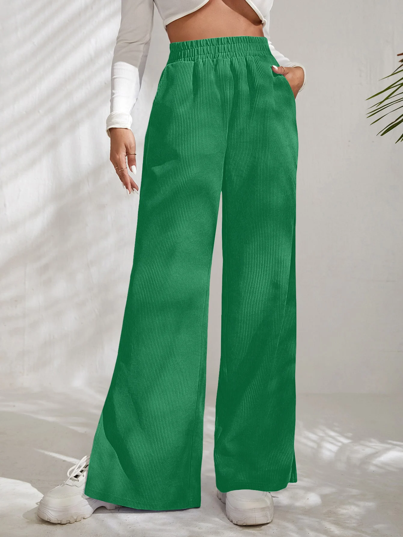 Women Plain Long Elastic Waist Pants Casual Spring/Fall Trousers