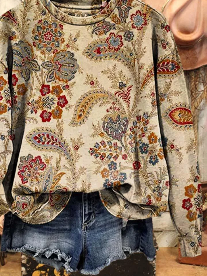 Casual Crew Neck Floral Sweatshirt Printing