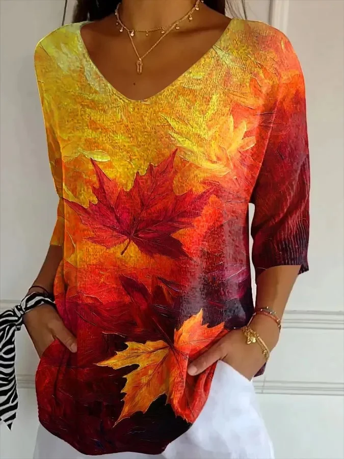 Vintage Gradient Pattern V Neck Three Quarter Sleeve T-shirt