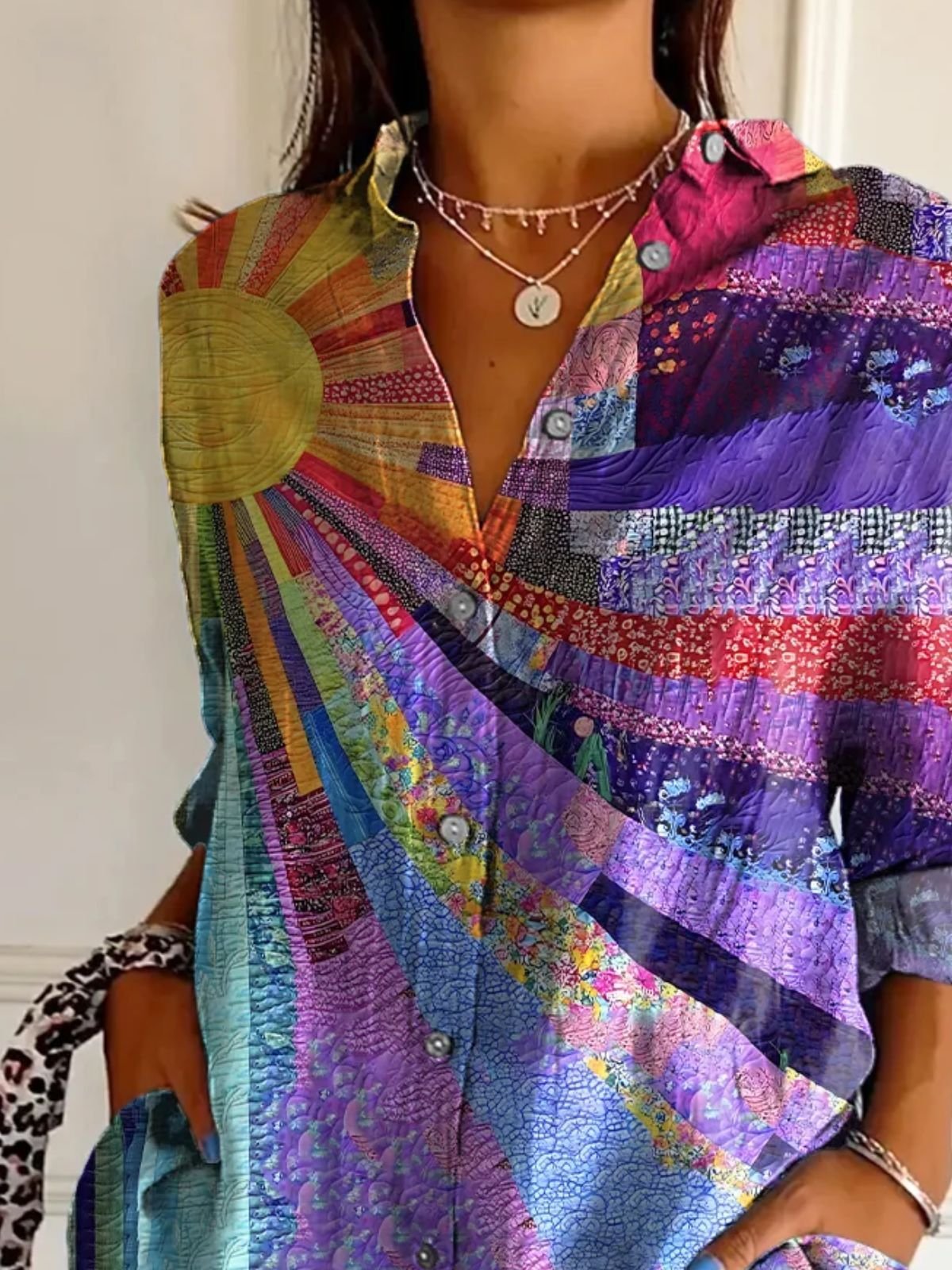 V Neck Long Sleeve Geometric Regular Micro-Elasticity Regular Fit Shirt For Women