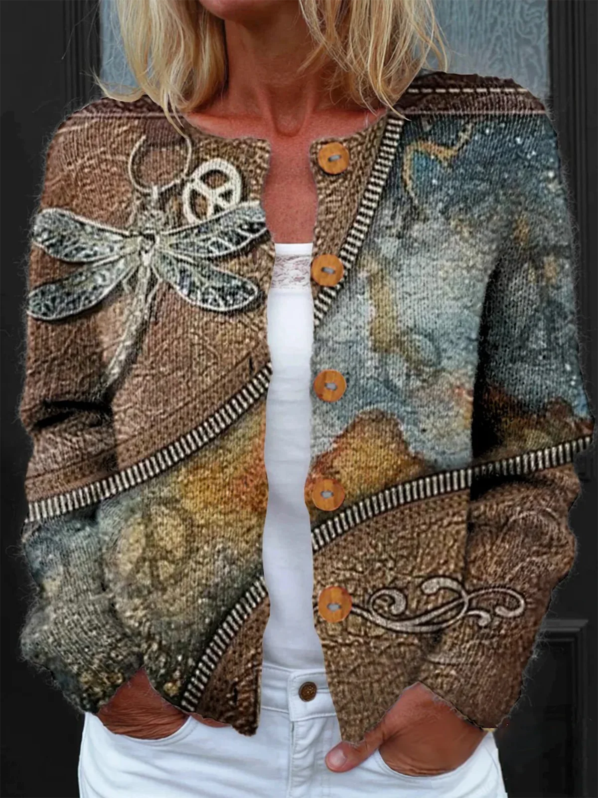 Women Knitted Floral Long Sleeve Comfy Vintage Cardigan