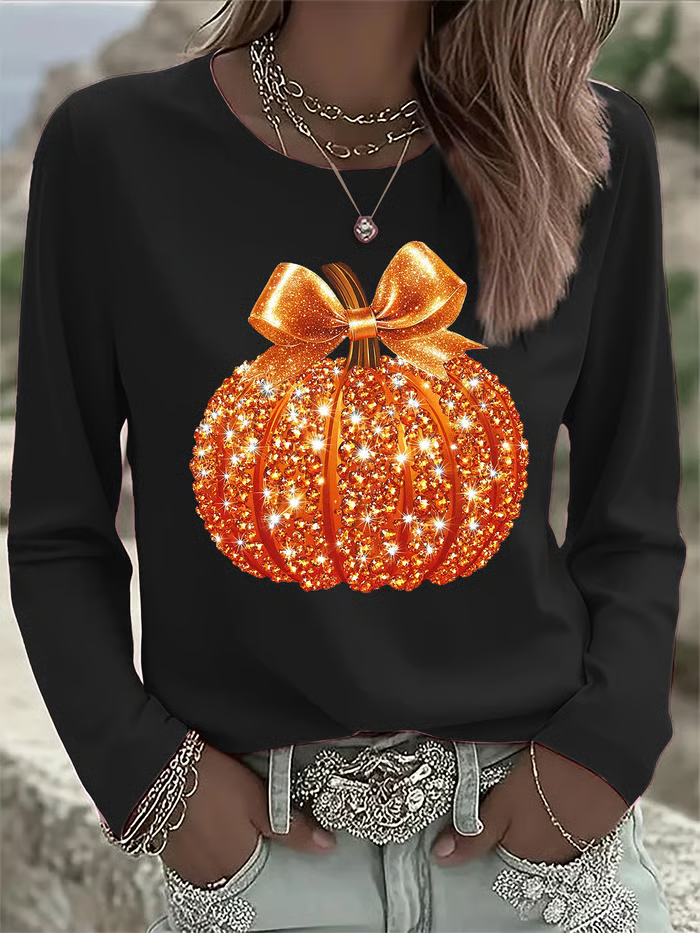 Casual Halloween (pumpkin) Crew Neck Long Sleeve T-shirt