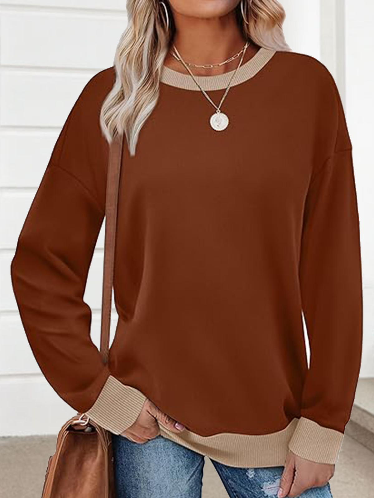 Casual Crew Neck Plain Hoodie