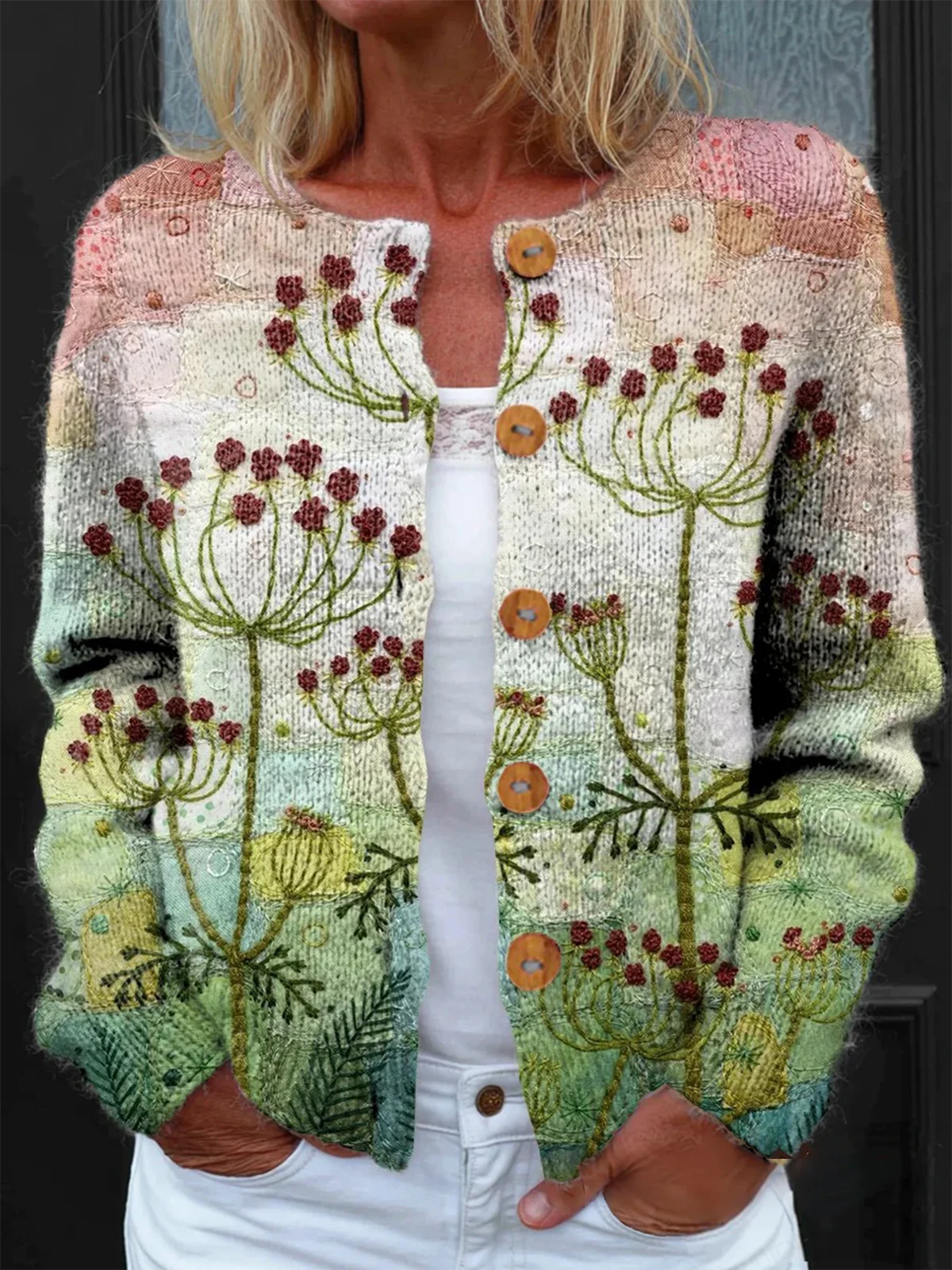 Women Knitted Floral Long Sleeve Comfy Vintage Cardigan
