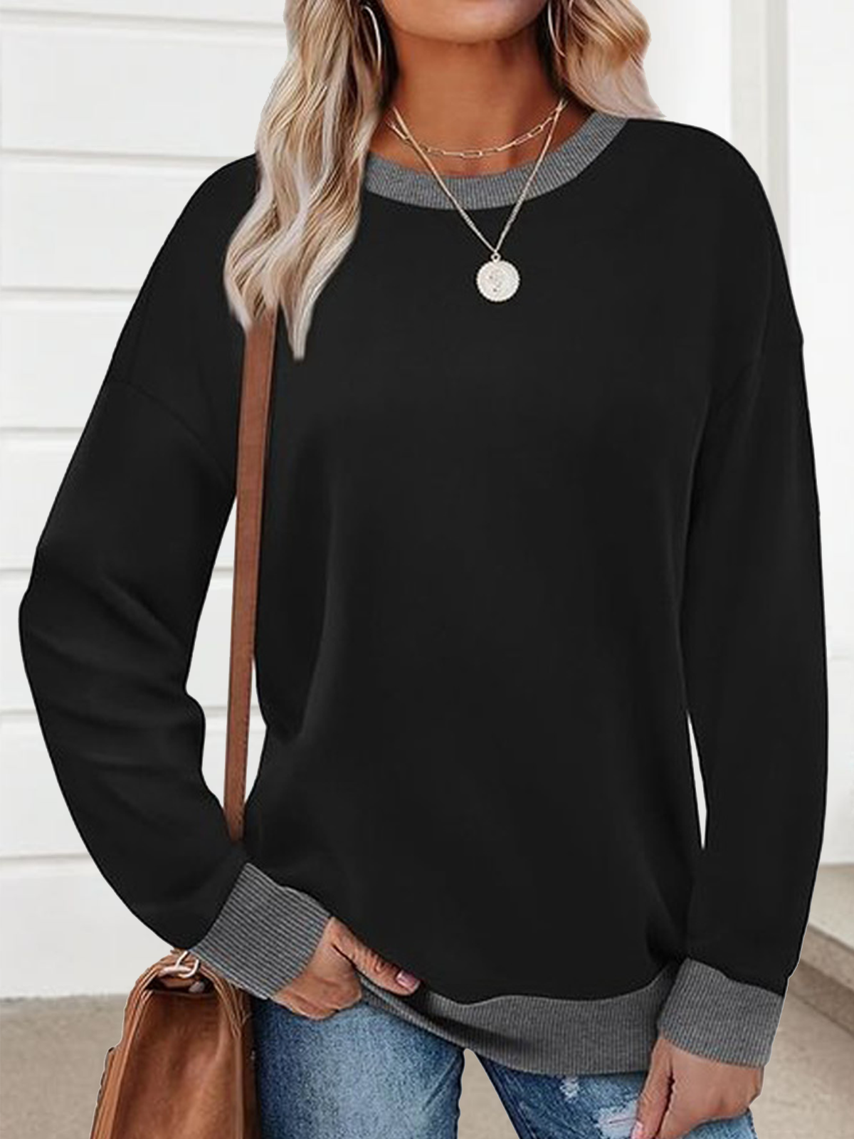 Casual Crew Neck Plain Hoodie