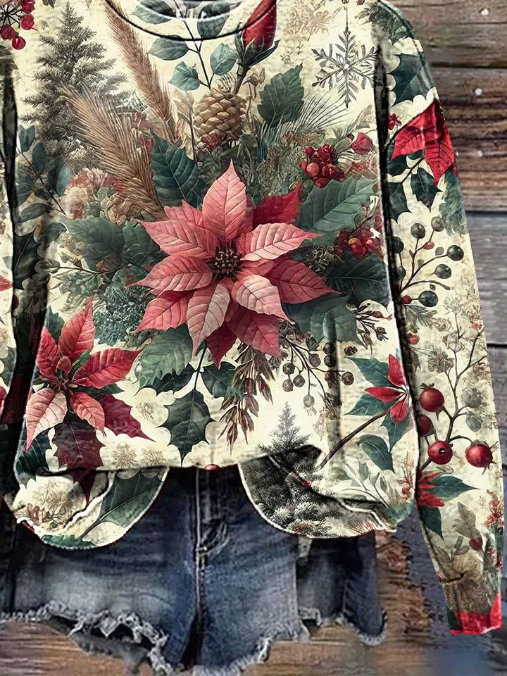 Casual Crew Neck Floral Sweatshirt Printing
