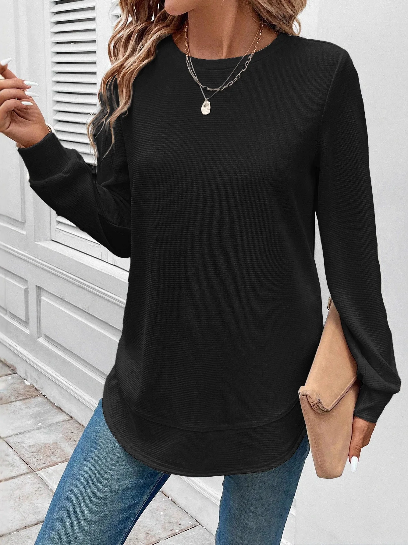 Vintage Crew Neck Plain Sweatshirt Jacquard
