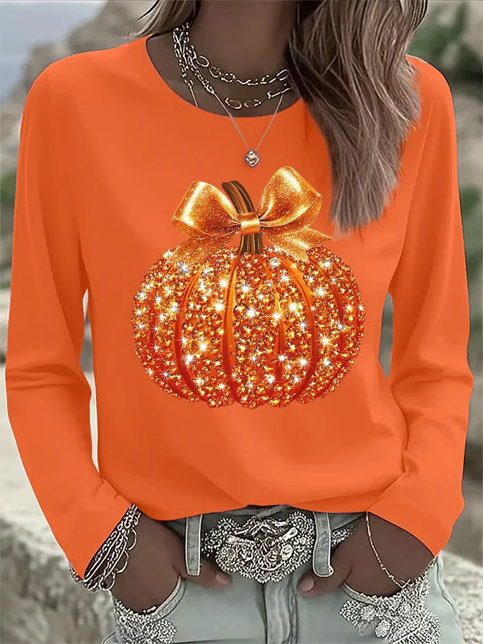 Casual Halloween (pumpkin) Crew Neck Long Sleeve T-shirt