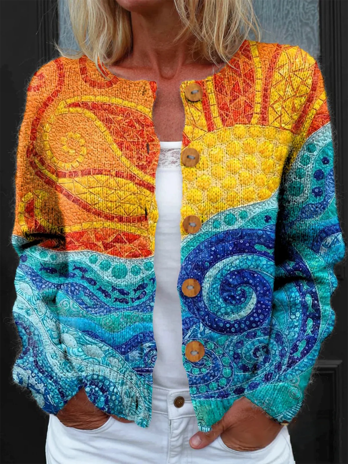 Women Knitted Ethnic Long Sleeve Comfy Vintage Cardigan