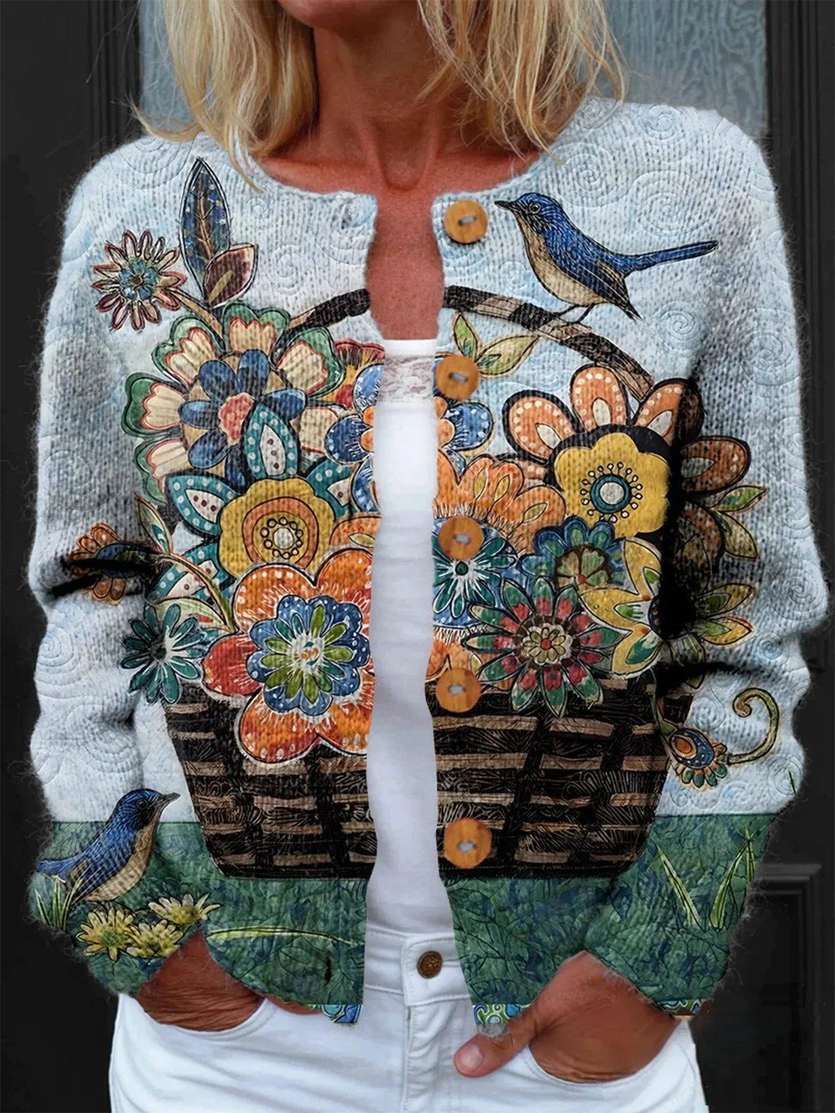 Women Knitted Floral Long Sleeve Comfy Vintage Cardigan