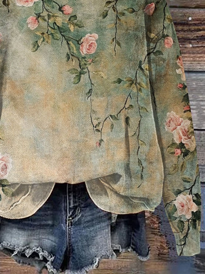 Casual Crew Neck Floral Sweatshirt Printing