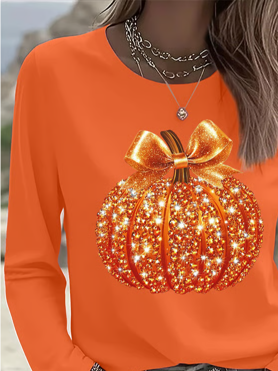Casual Halloween (pumpkin) Crew Neck Long Sleeve T-shirt