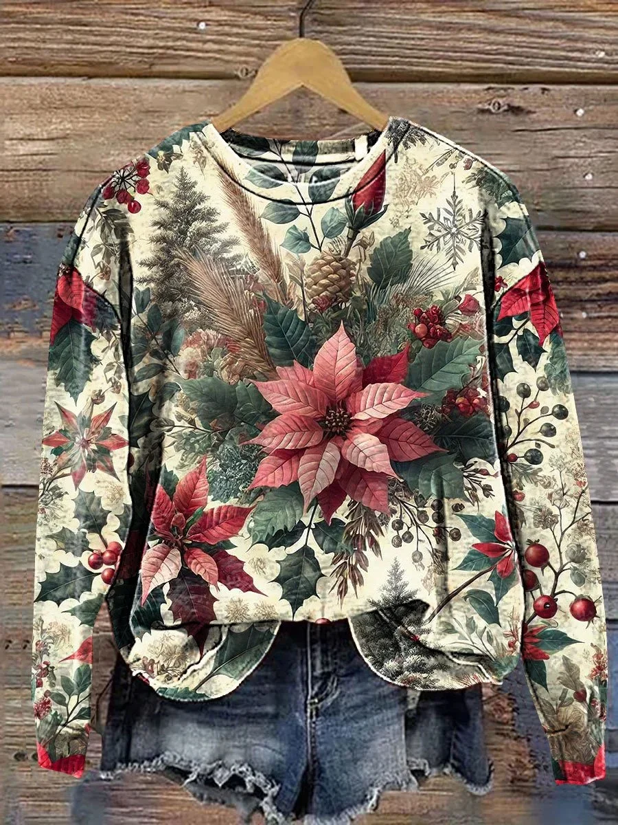 Casual Crew Neck Floral Sweatshirt Printing