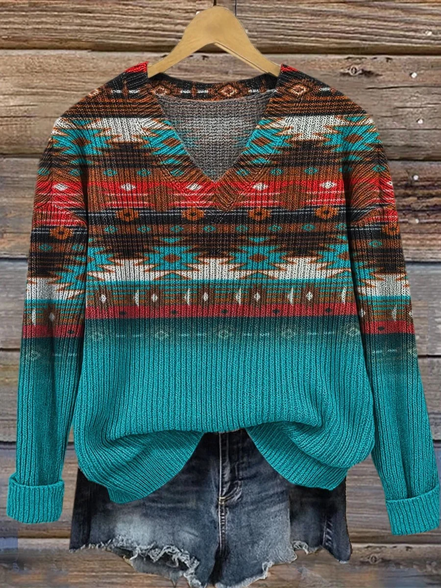 Women Gradient Pattern Long Sleeve Comfy Vintage Sweater