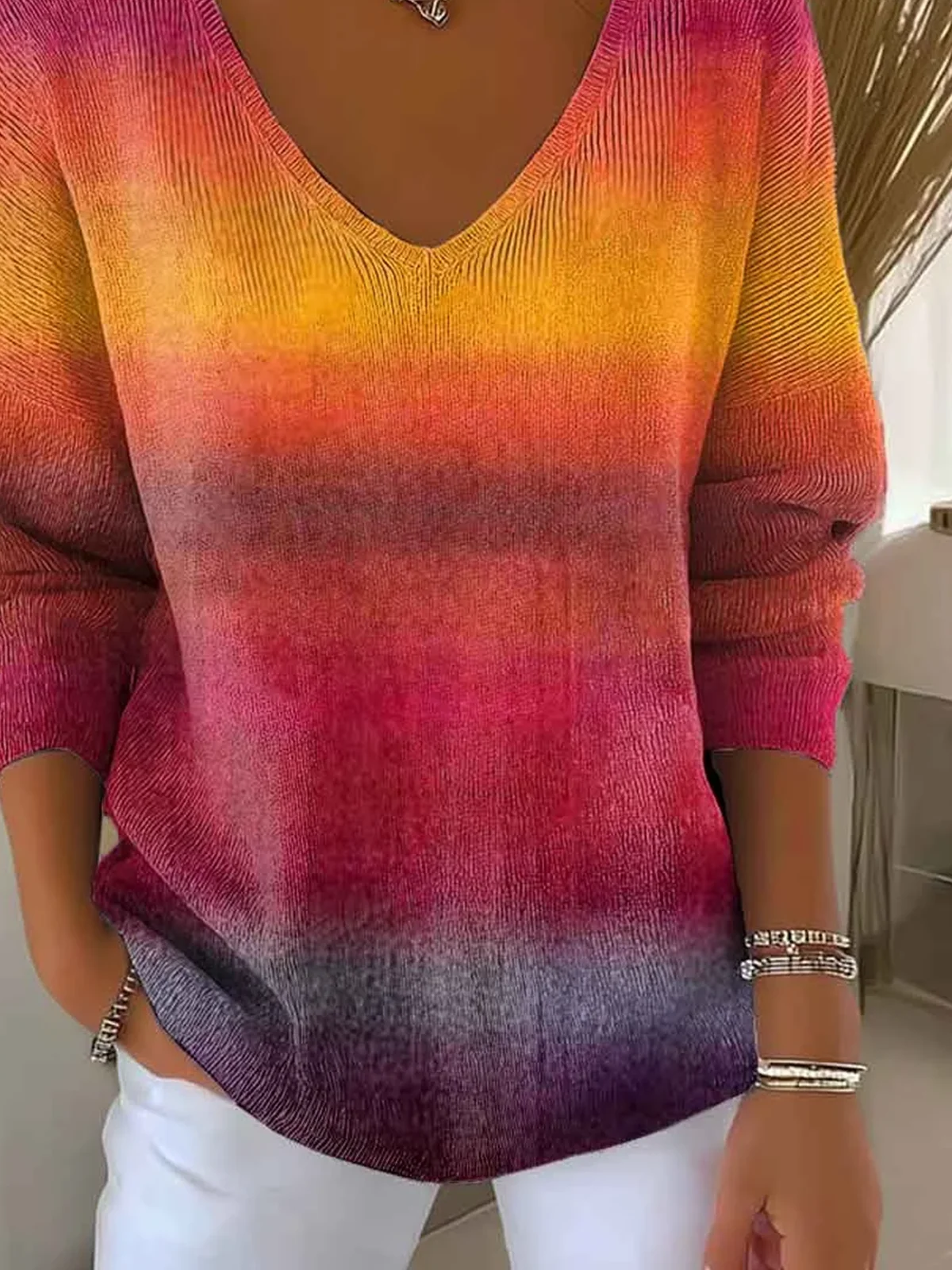 Women Cotton Ombre Long Sleeve Comfy Casual Sweater