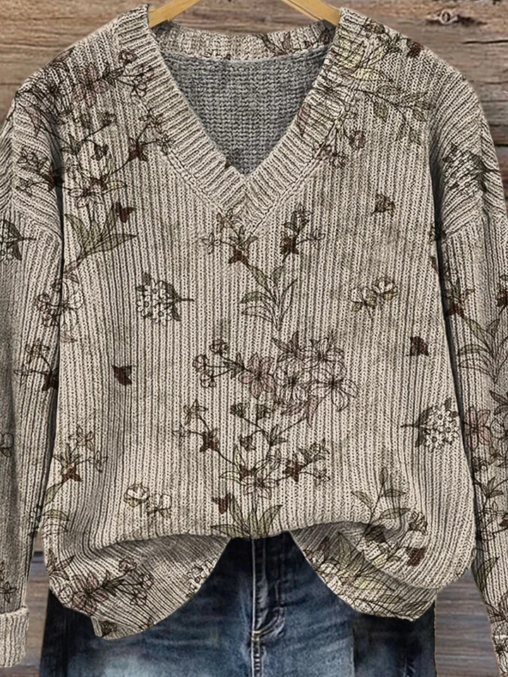 Women Floral Long Sleeve Comfy Vintage Sweater