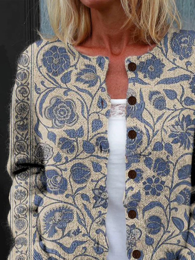 Women Floral Long Sleeve Comfy Vintage Printing Cardigan