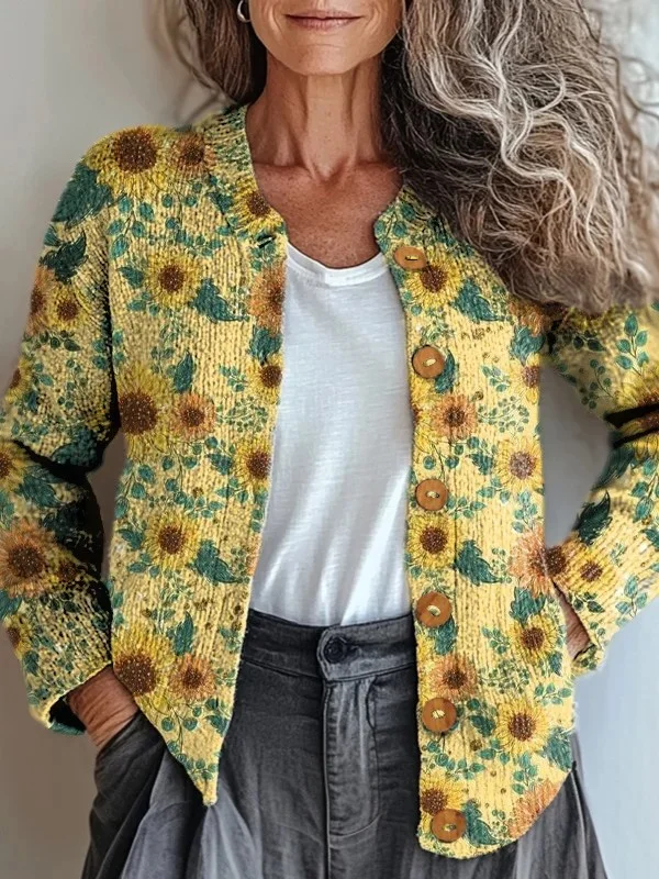 Women Knitted Floral Long Sleeve Comfy Vintage Cardigan