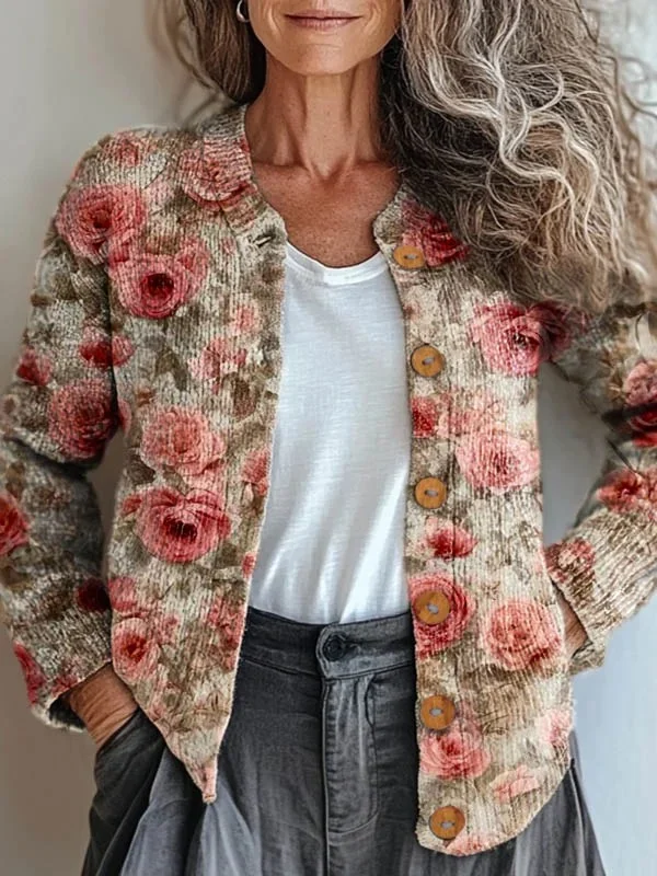 Women Knitted Floral Long Sleeve Comfy Vintage Cardigan