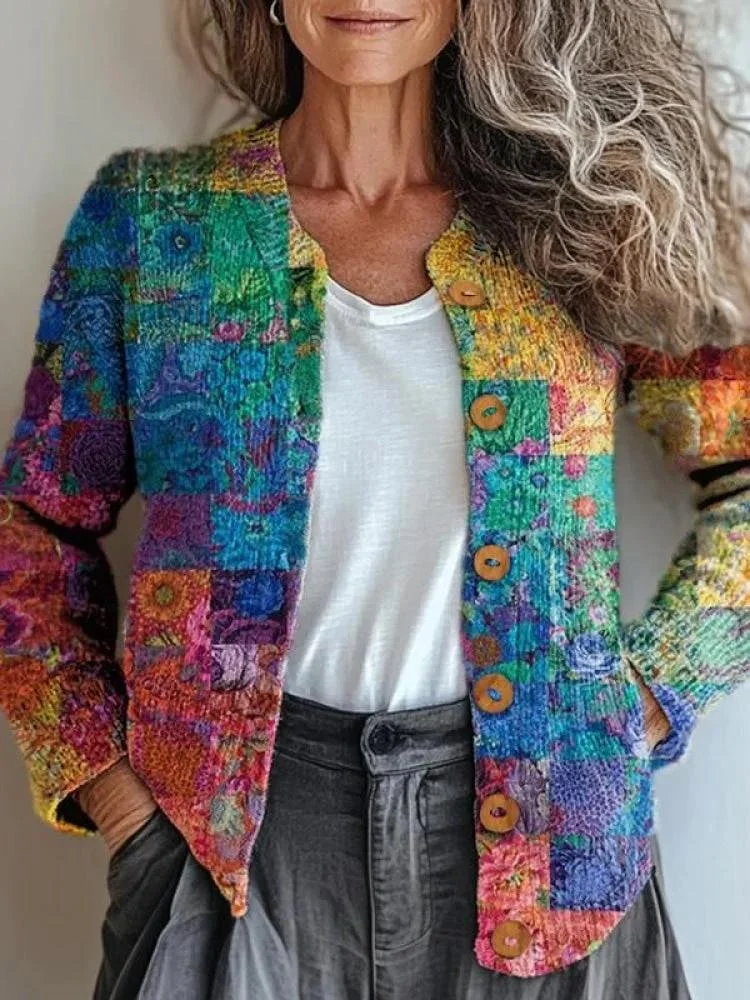Women Knitted Gradient Pattern Long Sleeve Comfy Vintage Cardigan