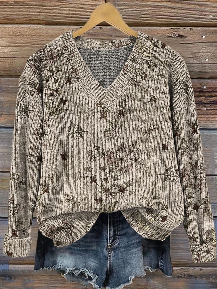 Women Floral Long Sleeve Comfy Vintage Sweater
